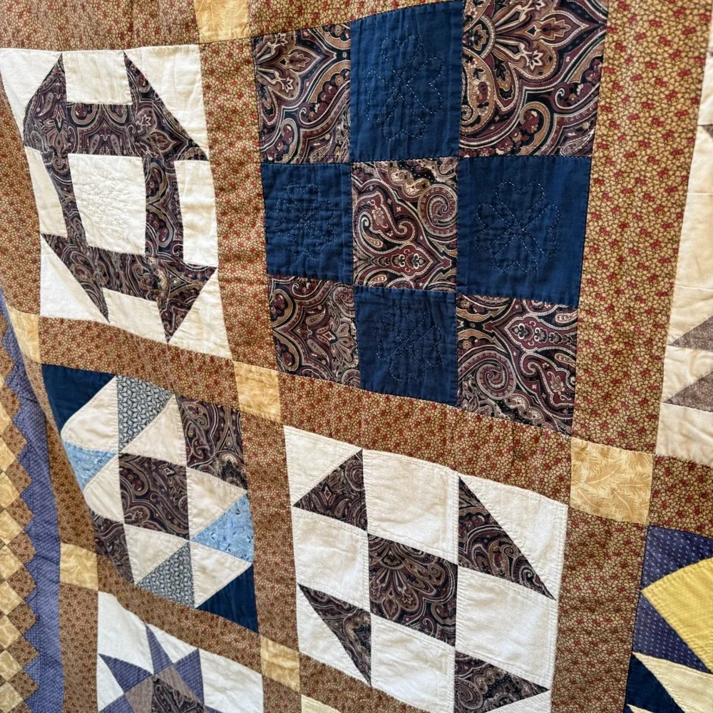 Vintage Patchwork Sampler Quilt Blanket Blue Brown Cotton Star Paisley Americana